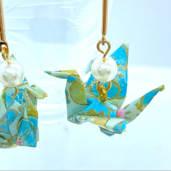 Handcrafted Paper Peace Crane Earrings - Picture 4 of 7